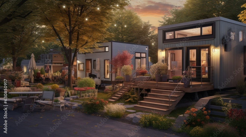 Obraz premium Modern architecture of a tiny house community focused on sustainable living.