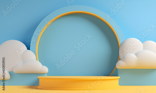 abstract background with blue sky inside the window on the yellow wall. podium for product display background, 3d render - Generative AI photo