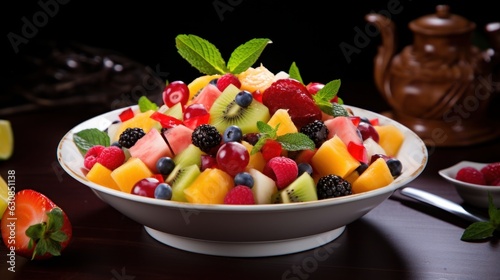 White bowl filled with fresh fruit on a wooden table