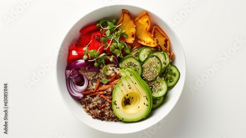 Fresh and colorful vegetable salad in a white bowl on a wooden table
