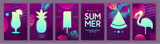 Set of fluorescent summer posters with silhouette. Vector illustration
