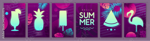 Set of fluorescent summer posters with silhouette. Vector illustration