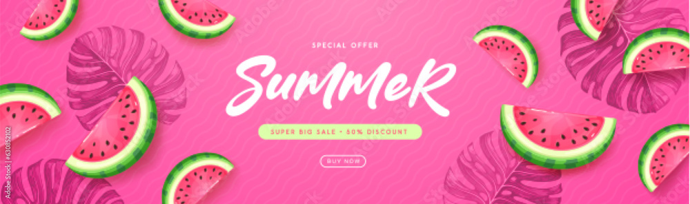 Summer sale poster with slices of watermelon and tropic leaves on pink background. Summer background. Vector illustration