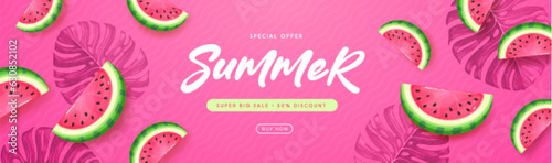 Summer sale poster with slices of watermelon and tropic leaves on pink background. Summer background. Vector illustration