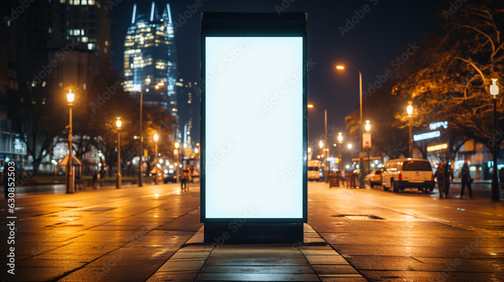 White vertical digital blank billboard poster on city street bus stop sign at rainy night, blurred urban background with skyscraper, people, mockup for advertisement