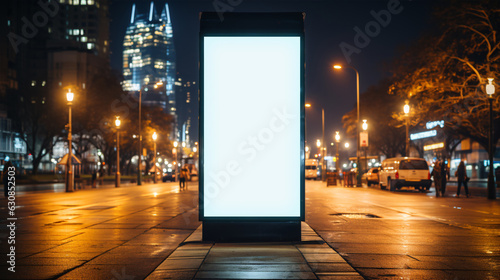 White vertical digital blank billboard poster on city street bus stop sign at rainy night, blurred urban background with skyscraper, people, mockup for advertisement