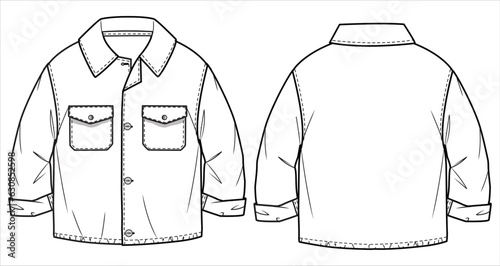 Baby boy Denim Shirt design flat sketch fashion illustration vector template with front and back view, Toddler baby western shirt jacket cad drawing mock up