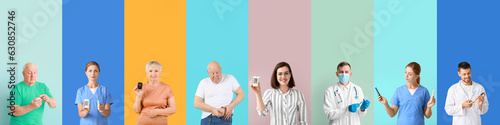 Set of people with diabetes and doctors on color background