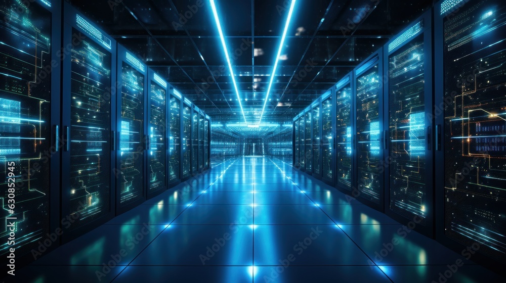 Room filled with rows of servers Room filled with rows of servers