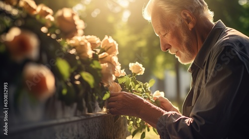 Photographie An elderly man stands at the grave with flowers in the cemetery
