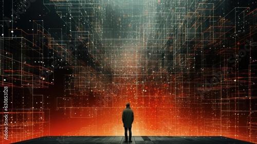 Man standing in front of an abstract wall of lines