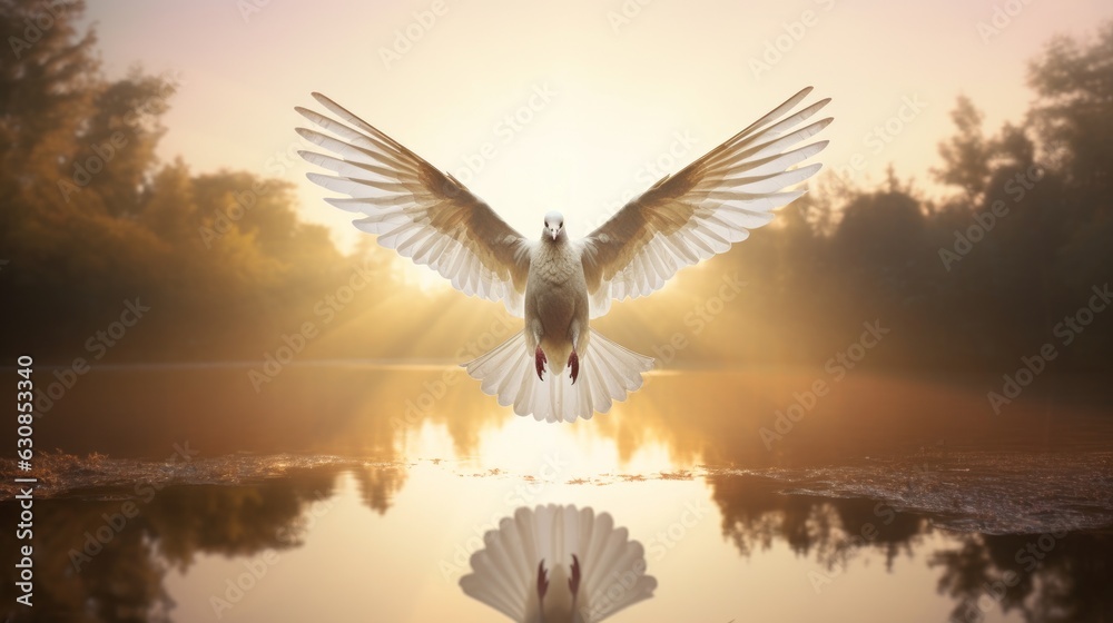 Naklejka premium Majestic white bird soaring over a serene body of water