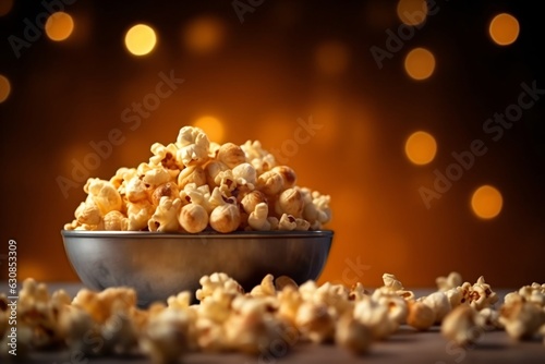 Popcorn in striped box on blurred background, closeup. Cinema snack. Copy space. Selective focus.