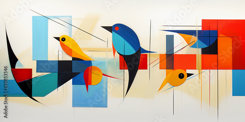 Abstract geometric representation of various bird species in flight, sharp angles, high contrast colors, minimalist design, inspired by cubist art, focus on shape and color composition photo