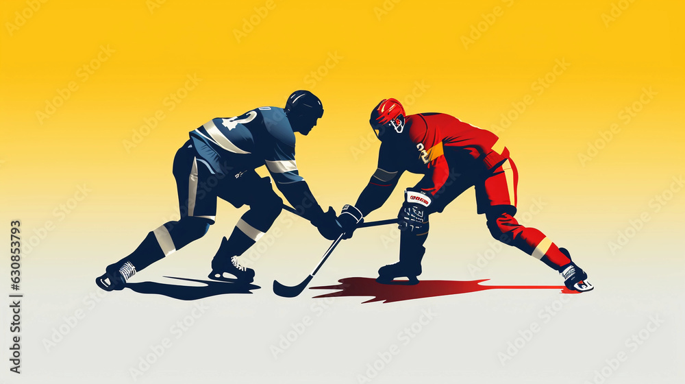 Obraz premium Minimalist vector illustration of an ice hockey match, flat design, bold primary colors, dynamic composition, focus on the flying puck, hockey stick silhouette
