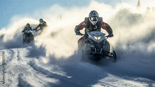a snowmobile race in progress, snow dust in the air, bright sunlight causing harsh shadows