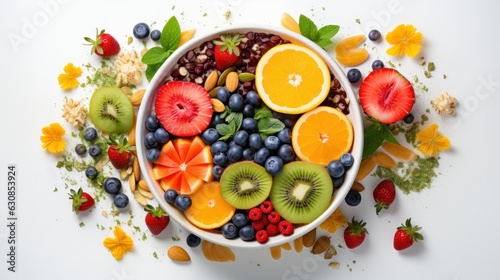 Colorful bowl filled with a variety of fresh fruits and nuts on a wooden table