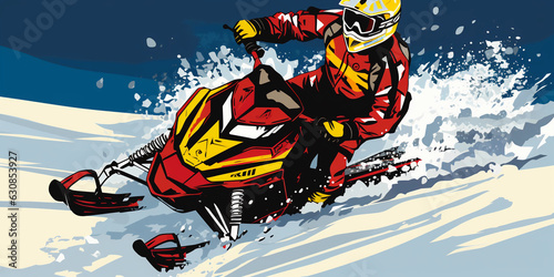 Pop art depiction of a snowmobile rider, comic book style, bold lines, primary colors, speech bubble with the sound of the engine