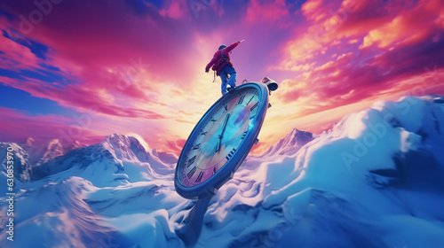 Surrealist interpretation of snowboarding, boarder suspended in air against a psychedelic sky