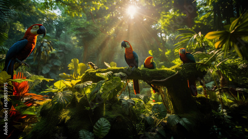 a tropical rainforest filled with parrots and toucans, intense colors, lush green foliage, dappled sunlight