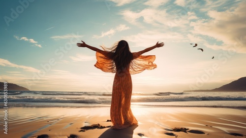 Woman enjoying the freedom and serenity of the beach, with her arms outstretched