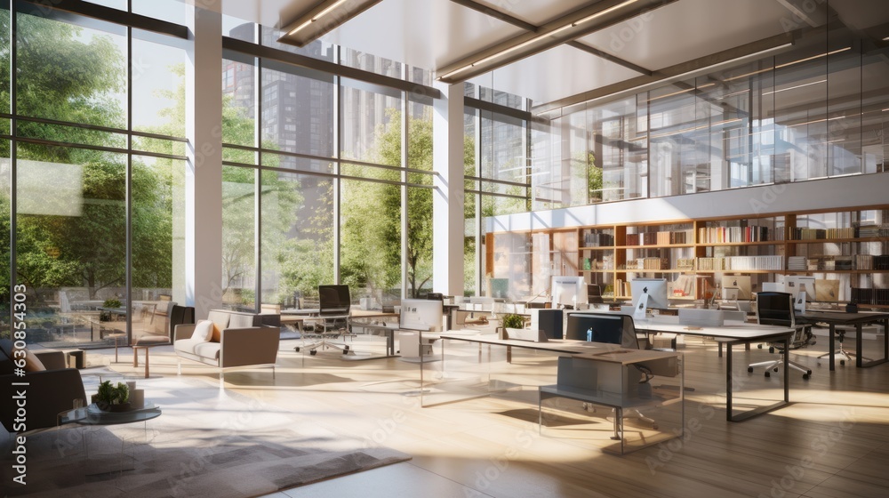 Interior of an office space with glass walls flooded with sunlight. Interior of an office space with glass walls flooded with sunlight.