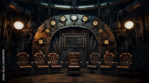 Dark dieselpunk theater screening room interior and chamber hall with seats sci-fi environment photo