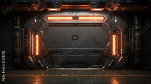 Dark sci-fi hangar door and hall chamber entrance interior futuristic design
