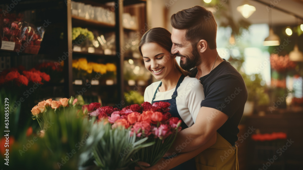 romantic scene of couple of florist hugging in flower shop