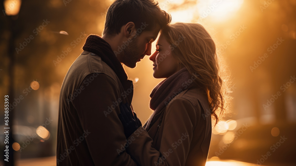 romantic scene of couple of young man and woman hugging together