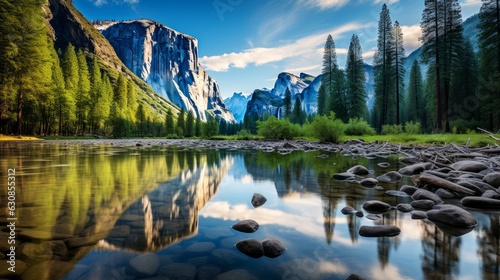 Serene river with majestic mountains and scattered rocks