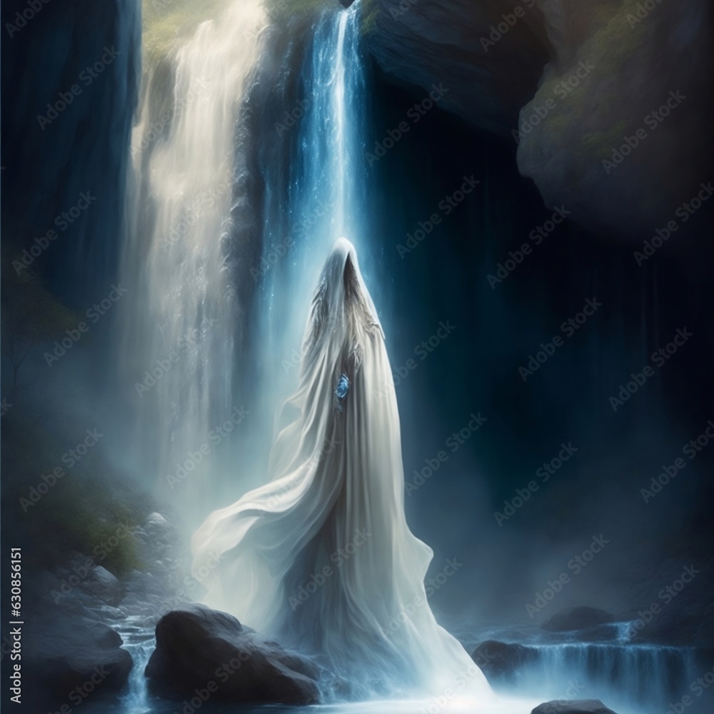Underneath a shimmering waterfall in an enchanted cave, a figure draped in a flowing silver cloak stands in meditation. The cloak is embellished with mystical runes, pulsating with ancient wisdom. The Underneath a shimmering waterfall in an enchanted cave, a figure draped in a flowing silver cloak stands in meditation. The cloak is embellished with mystical runes, pulsating with ancient wisdom. The