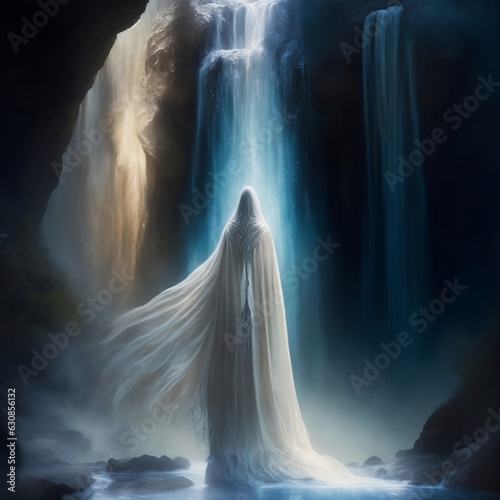 Underneath a shimmering waterfall in an enchanted cave, a figure draped in a flowing silver cloak stands in meditation. The cloak is embellished with mystical runes, pulsating with ancient wisdom. The