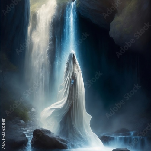 Underneath a shimmering waterfall in an enchanted cave, a figure draped in a flowing silver cloak stands in meditation. The cloak is embellished with mystical runes, pulsating with ancient wisdom. The