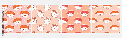 Set of kawaii seamless patterns with sushi with happy face. Cute prints asian food in cartoon style for phone case, backgrounds, fashion, wrapping paper and textile. Vector Illustration
