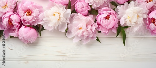 The background is a rustic white wooden surface with beautiful pink peonies  providing an amazing display. empty space available for copying purposes.
