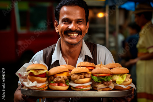 Street Smiling vendor with burger