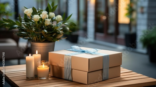 A gift box with a flowers packed in a craft box lies on the table for the holiday.