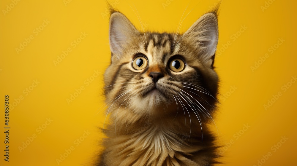 Red cat looks up in surprise on a yellow background. Generative AI