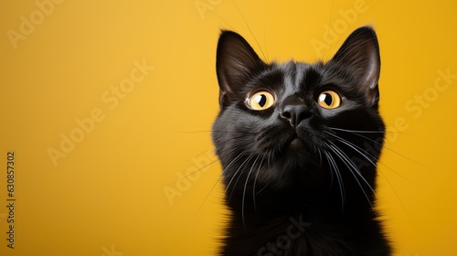 Black cat looks up in surprise on a yellow background. Generative AI