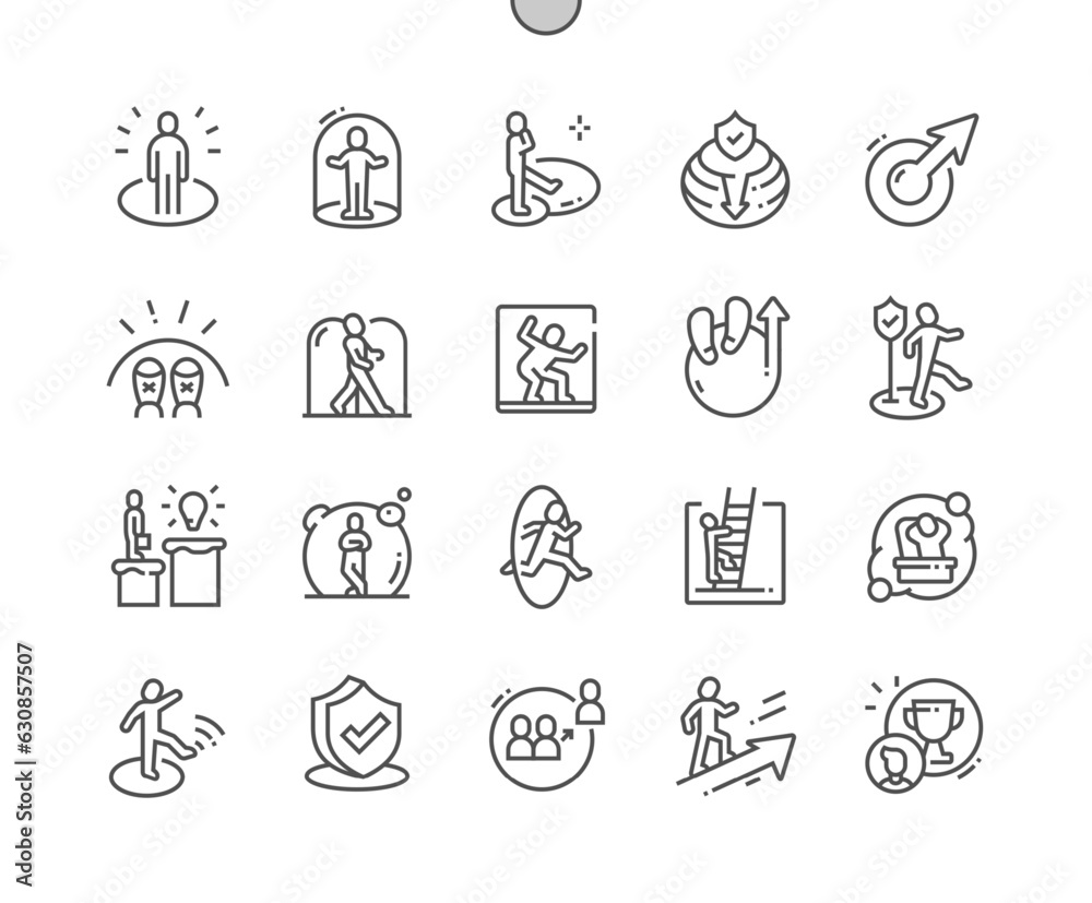 Fototapeta premium Comfort zone. Person bubble. Leaving comfort zone, step out. Personal growth. Pixel Perfect Vector Thin Line Icons. Simple Minimal Pictogram