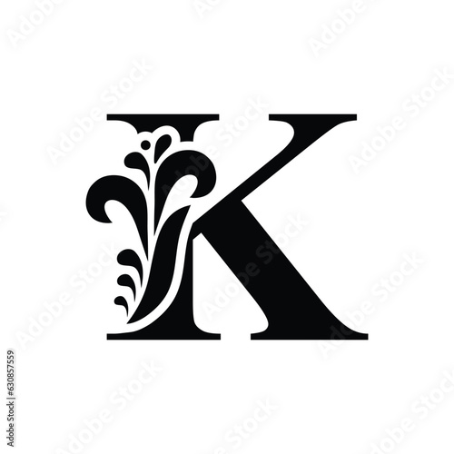 capital letter K. Black flower alphabet. Beautiful capital letters with shadow	

