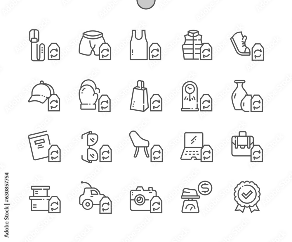 Second hand store. Price per weight. Chair, laptop, briefcase, boxes, toy, camera. Pixel Perfect Vector Thin Line Icons. Simple Minimal Pictogram
