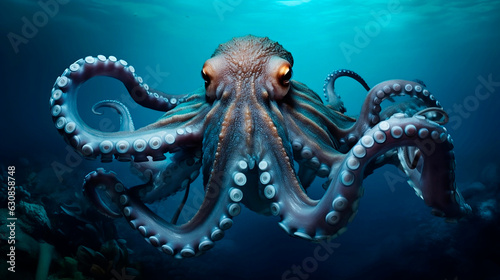 Octopus underwater oceanarium close up photo. Sea nature wildlife diving maine animal. Tentacles mollusc kraken with big eyes portrait macro photo © LuckyStep