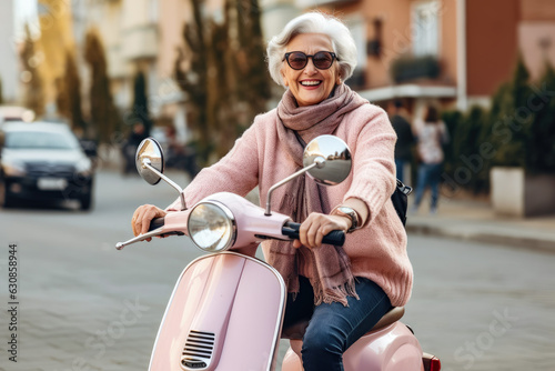 Elderly woman walking with a scooter, generative ai