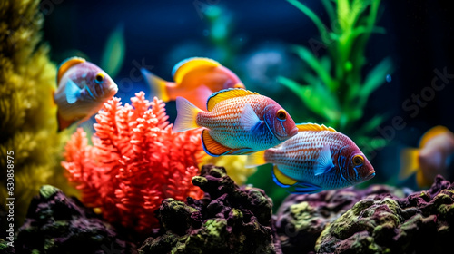 Tropical sea underwater fishes on coral reef. Aquarium oceanarium wildlife colorful marine panorama landscape nature snorkeling diving