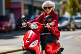 Elderly woman walking with a scooter, generative ai