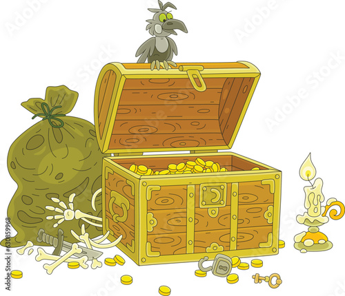 Funny black raven perched on an old wooden chest with priceless treasures and golden coins, a dusty bag and a burning candle among bones, vector cartoon illustration on white