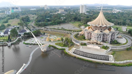 Aerial view of Darul Hana Bridge near Sarawak legislative - moving right to left photo