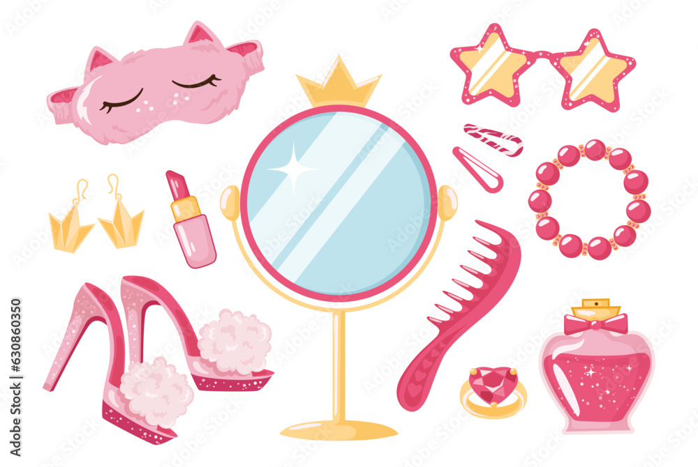 Naklejka premium Set of various accessories for girl dolls in pink.
